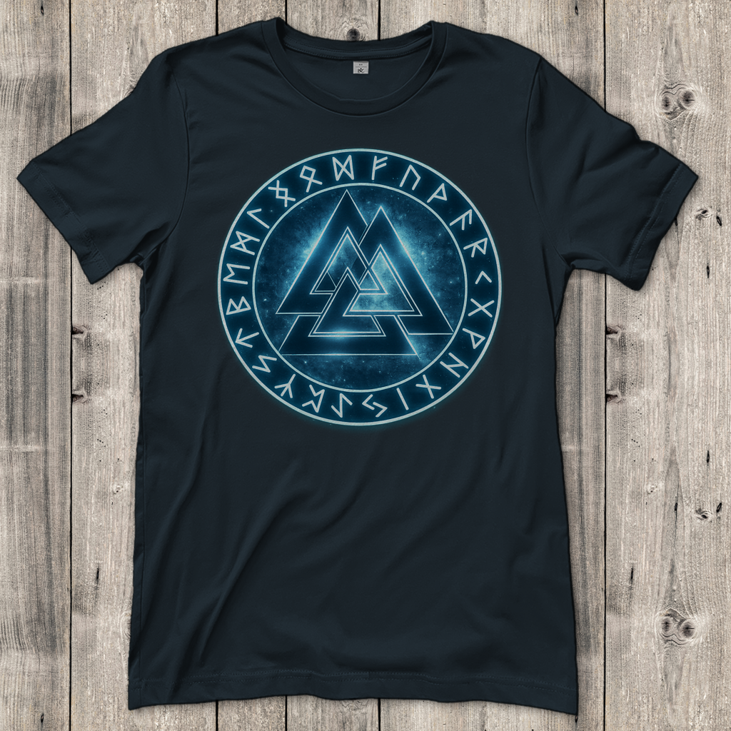 Damen T-Shirt Blauer Valknut mit Runenkreis