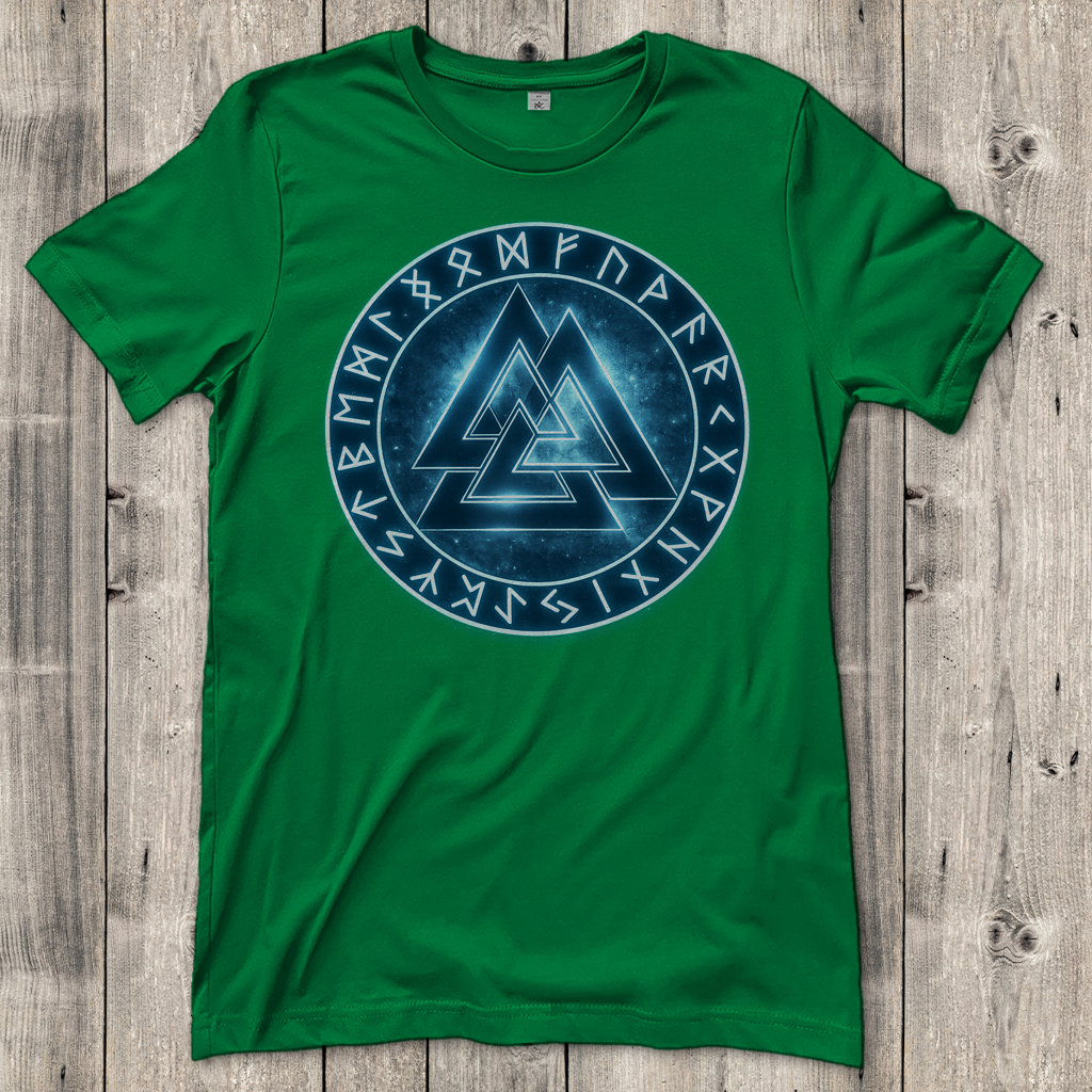 Damen T-Shirt Blauer Valknut mit Runenkreis