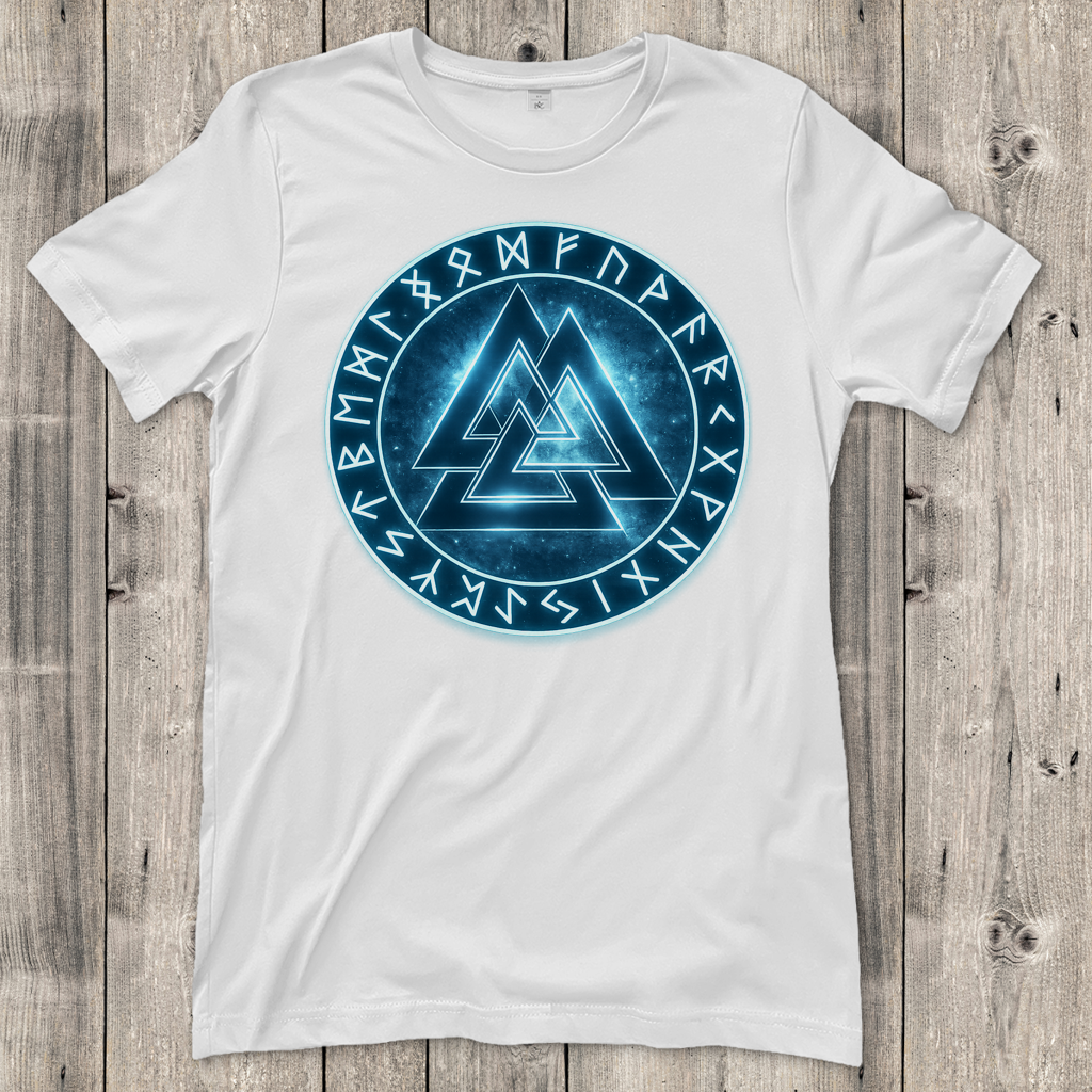 Damen T-Shirt Blauer Valknut mit Runenkreis