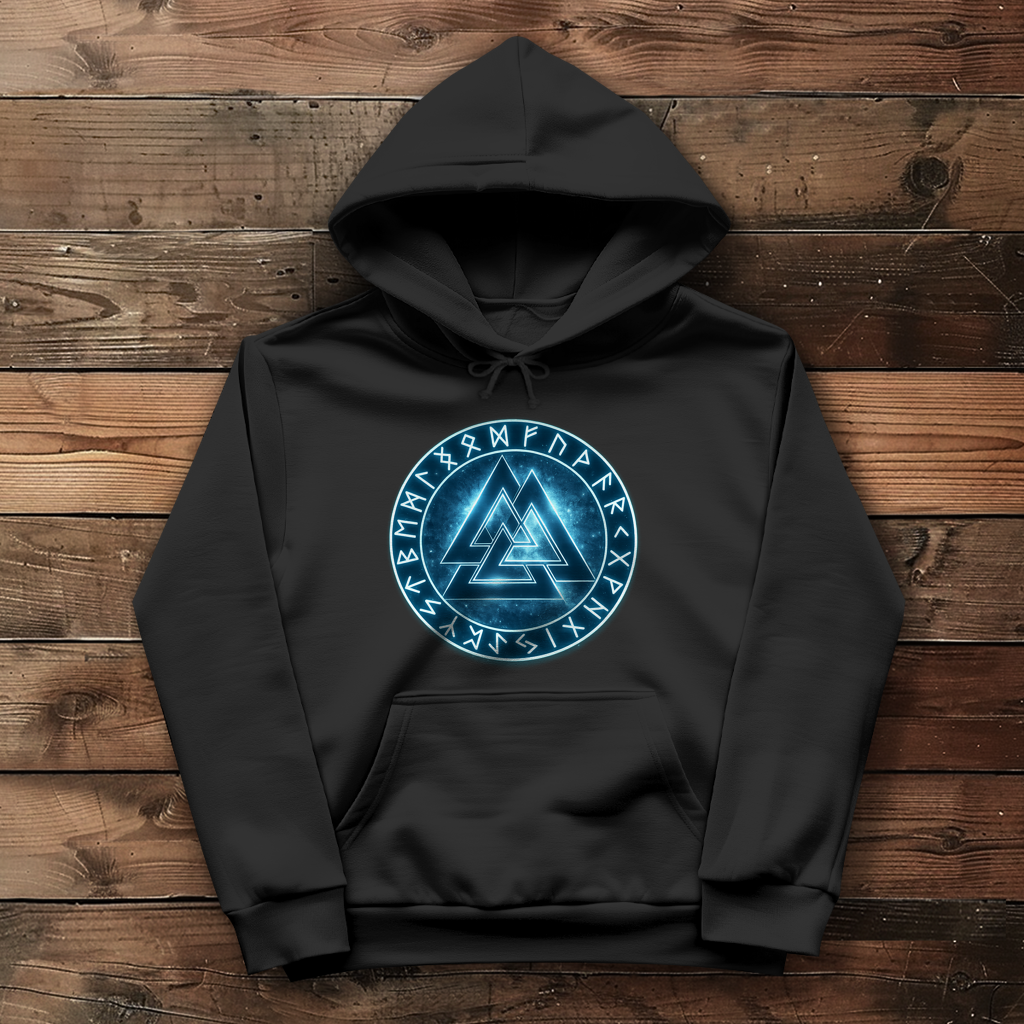 Damen Hoodie Blauer Valknut mit Runenkreis
