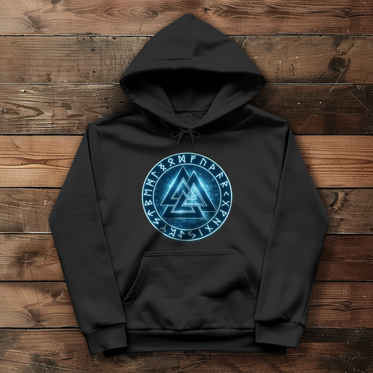Damen Hoodie Blauer Valknut mit Runenkreis
