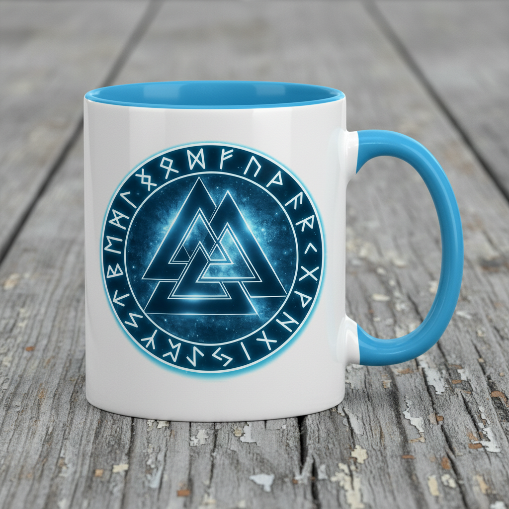 Tasse zweifarbig Blauer Valknut mit Runenkreis