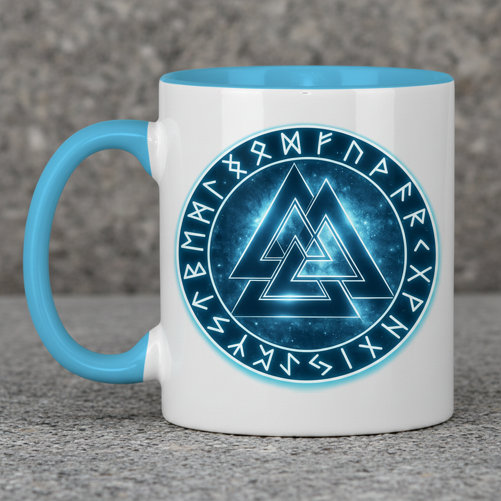 Tasse zweifarbig Blauer Valknut mit Runenkreis