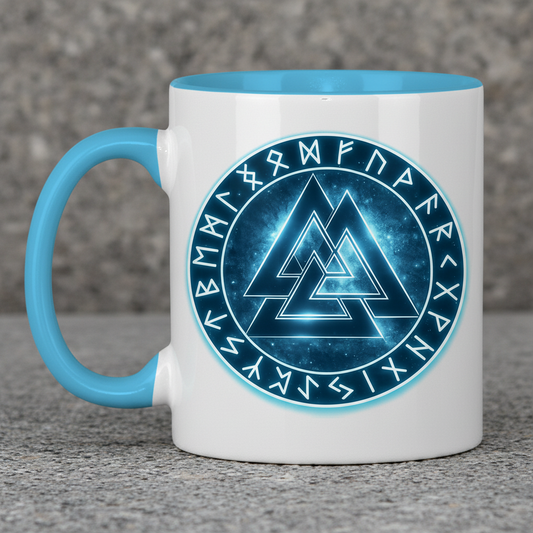Tasse zweifarbig Blauer Valknut mit Runenkreis