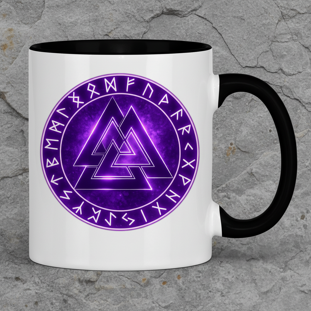 Tasse zweifarbig Leuchtender Valknut mit runen Umkreis