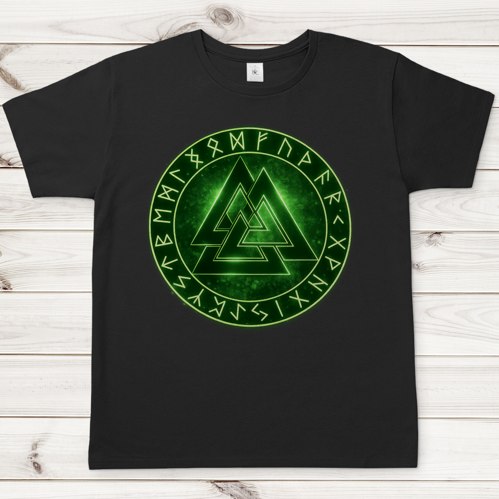 Herren T-Shirt Leuchtendes Valknut mit Runenkreis