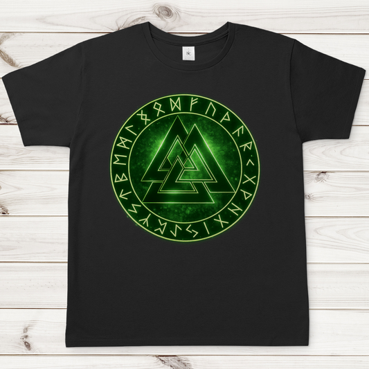 Herren T-Shirt Leuchtendes Valknut mit Runenkreis