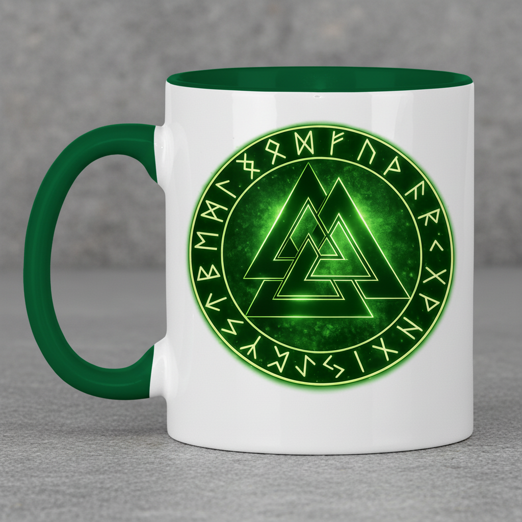 Tasse zweifarbig Leuchtendes Valknut mit Runenkreis
