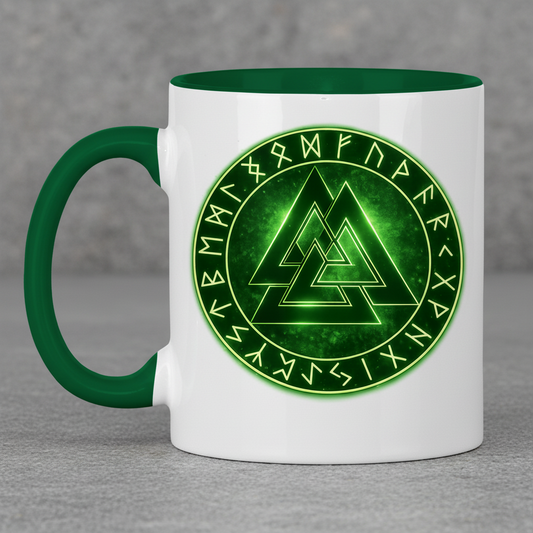 Tasse zweifarbig Leuchtendes Valknut mit Runenkreis