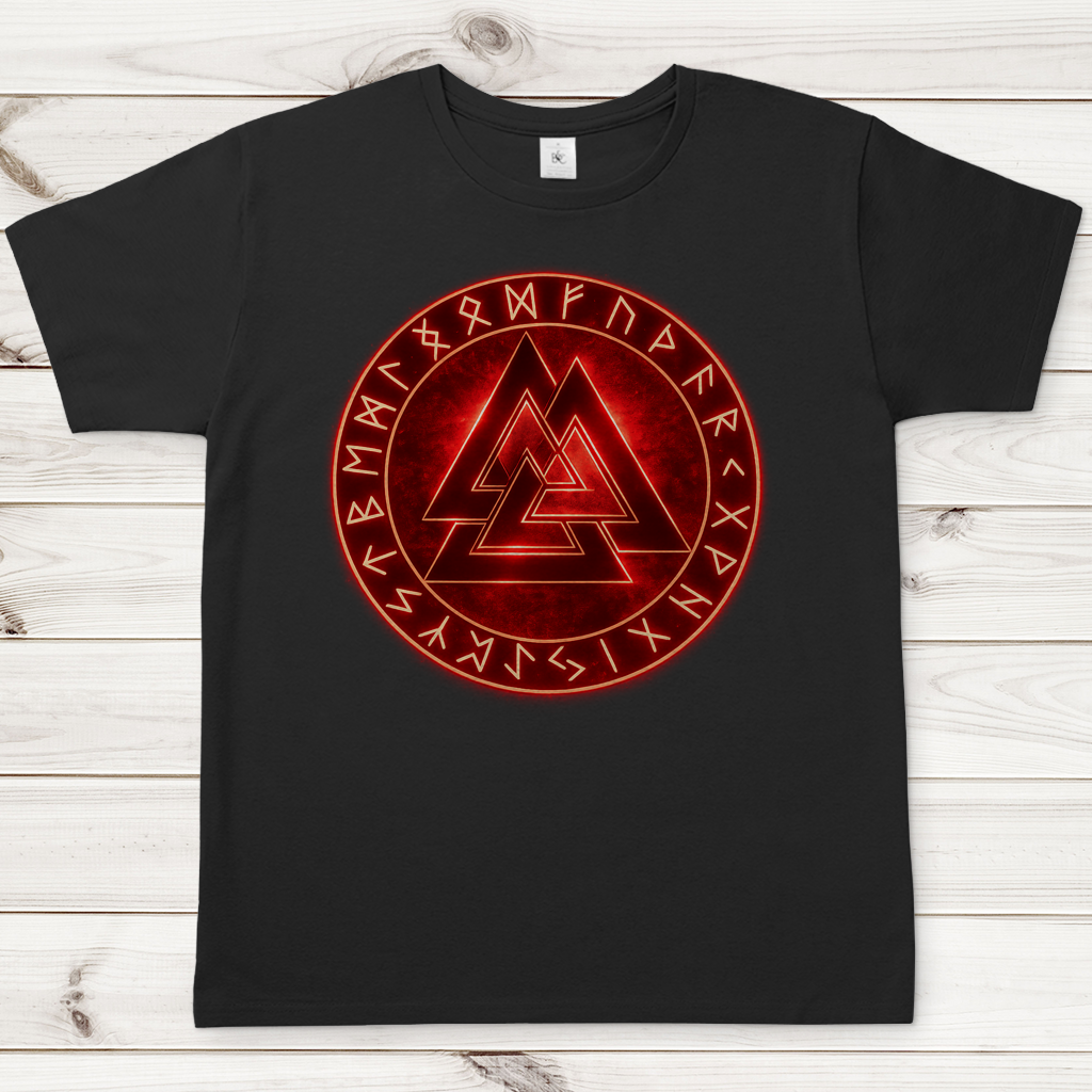 Herren T-Shirt Leuchtendes Valknut mit Runenkreis rot