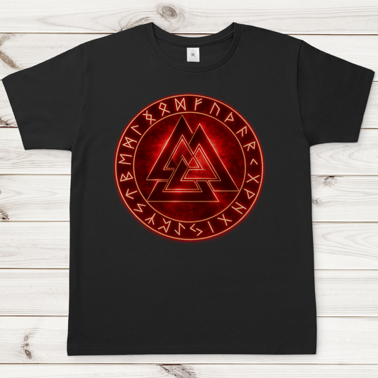 Herren T-Shirt Leuchtendes Valknut mit Runenkreis rot