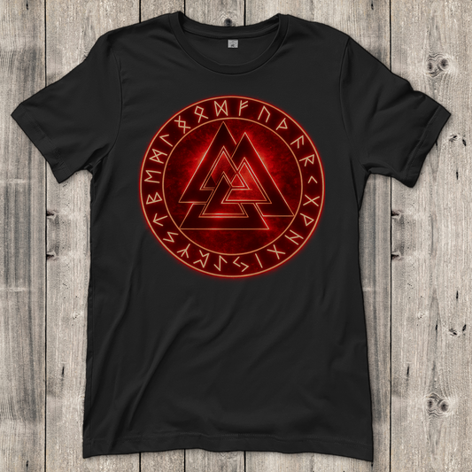 Damen T-Shirt Leuchtendes Valknut mit Runenkreis rot