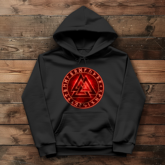 Damen Hoodie Leuchtendes Valknut mit Runenkreis rot