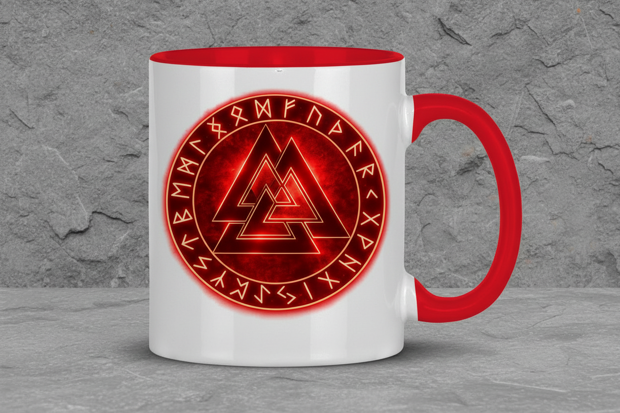 Tasse zweifarbig Leuchtendes Valknut mit Runenkreis rot