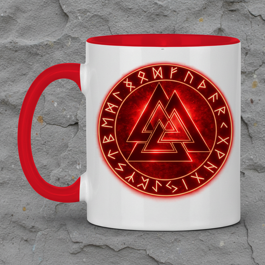 Tasse zweifarbig Leuchtendes Valknut mit Runenkreis rot