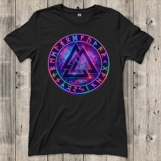 Damen T-Shirt Leuchtender Valknut mit Runenring bunt