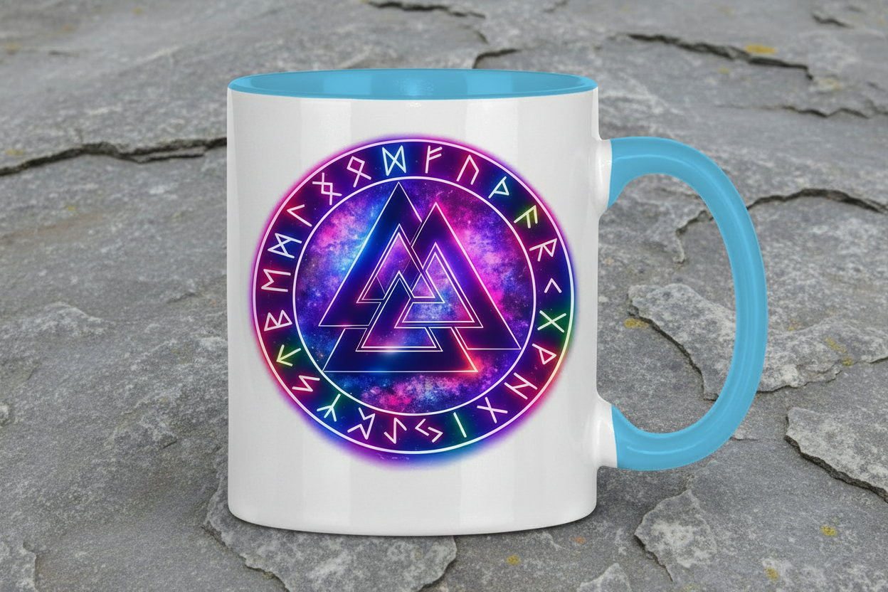 Tasse zweifarbig Leuchtender Valknut mit Runenring bunt