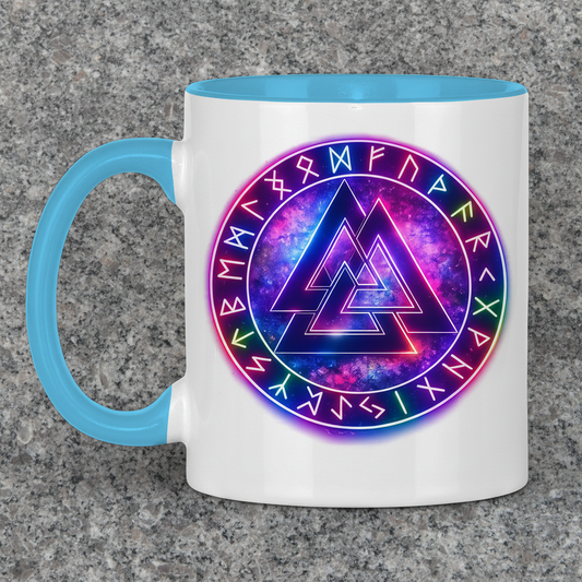 Tasse zweifarbig Leuchtender Valknut mit Runenring bunt