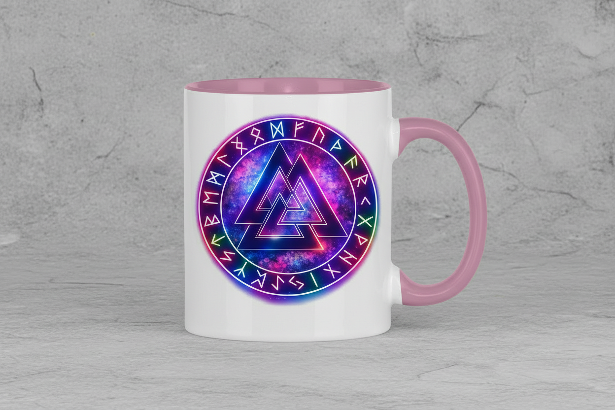 Tasse zweifarbig Leuchtender Valknut mit Runenring bunt
