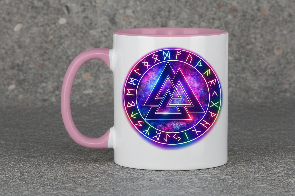 Tasse zweifarbig Leuchtender Valknut mit Runenring bunt