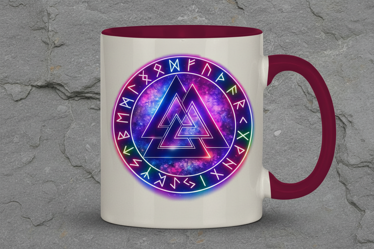 Tasse zweifarbig Leuchtender Valknut mit Runenring bunt