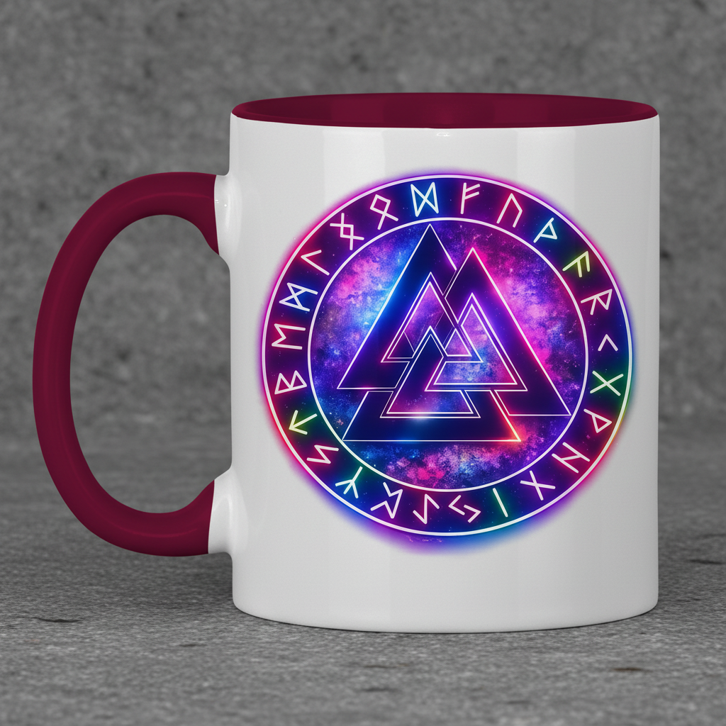 Tasse zweifarbig Leuchtender Valknut mit Runenring bunt