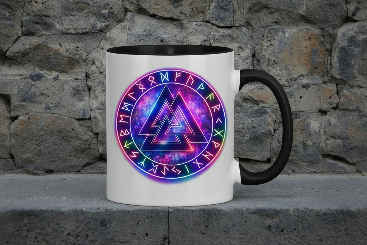Tasse zweifarbig Leuchtender Valknut mit Runenring bunt