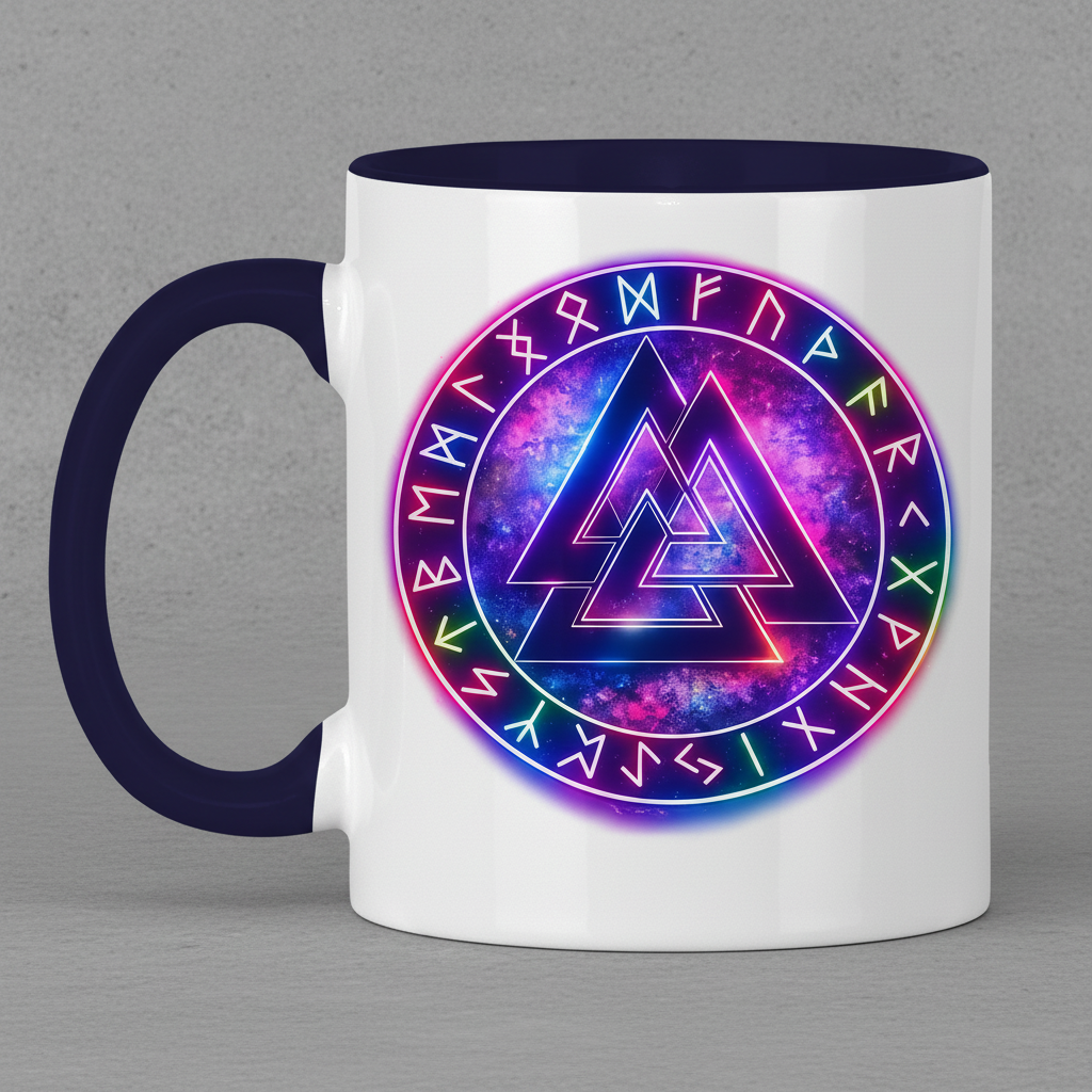 Tasse zweifarbig Leuchtender Valknut mit Runenring bunt