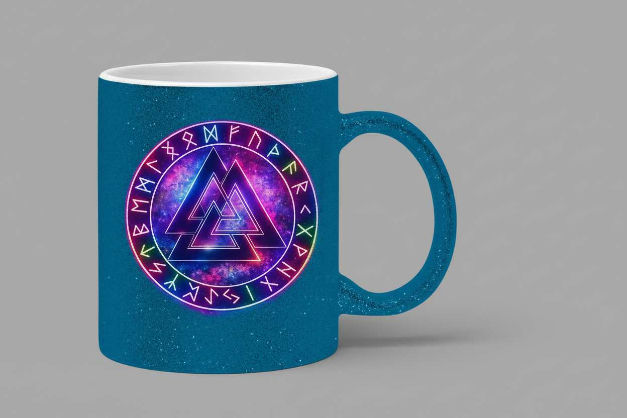 Glitzertasse Leuchtender Valknut mit Runenring bunt
