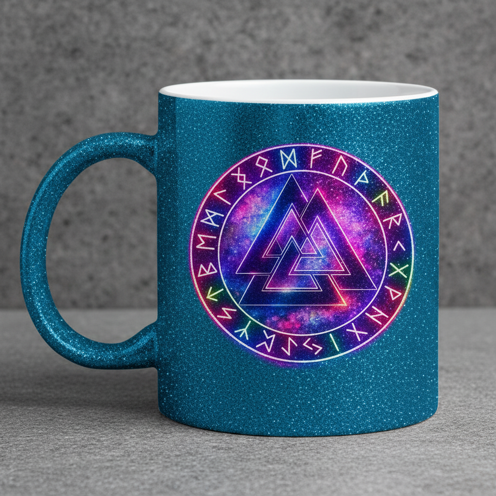 Glitzertasse Leuchtender Valknut mit Runenring bunt