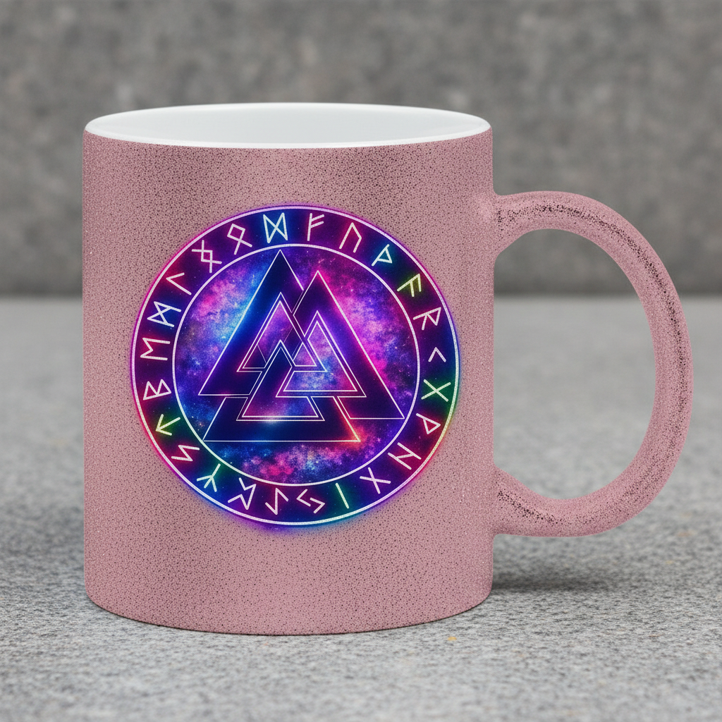 Glitzertasse Leuchtender Valknut mit Runenring bunt