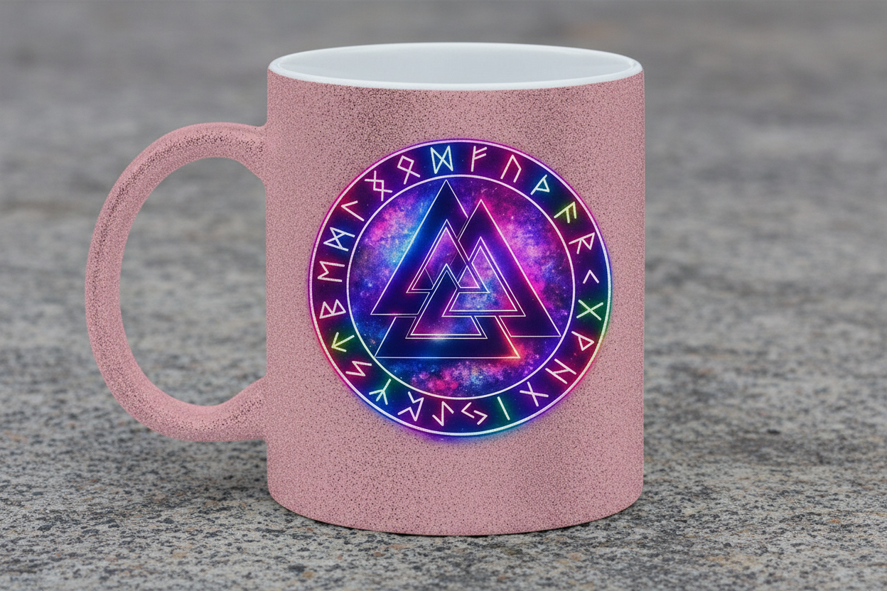 Glitzertasse Leuchtender Valknut mit Runenring bunt