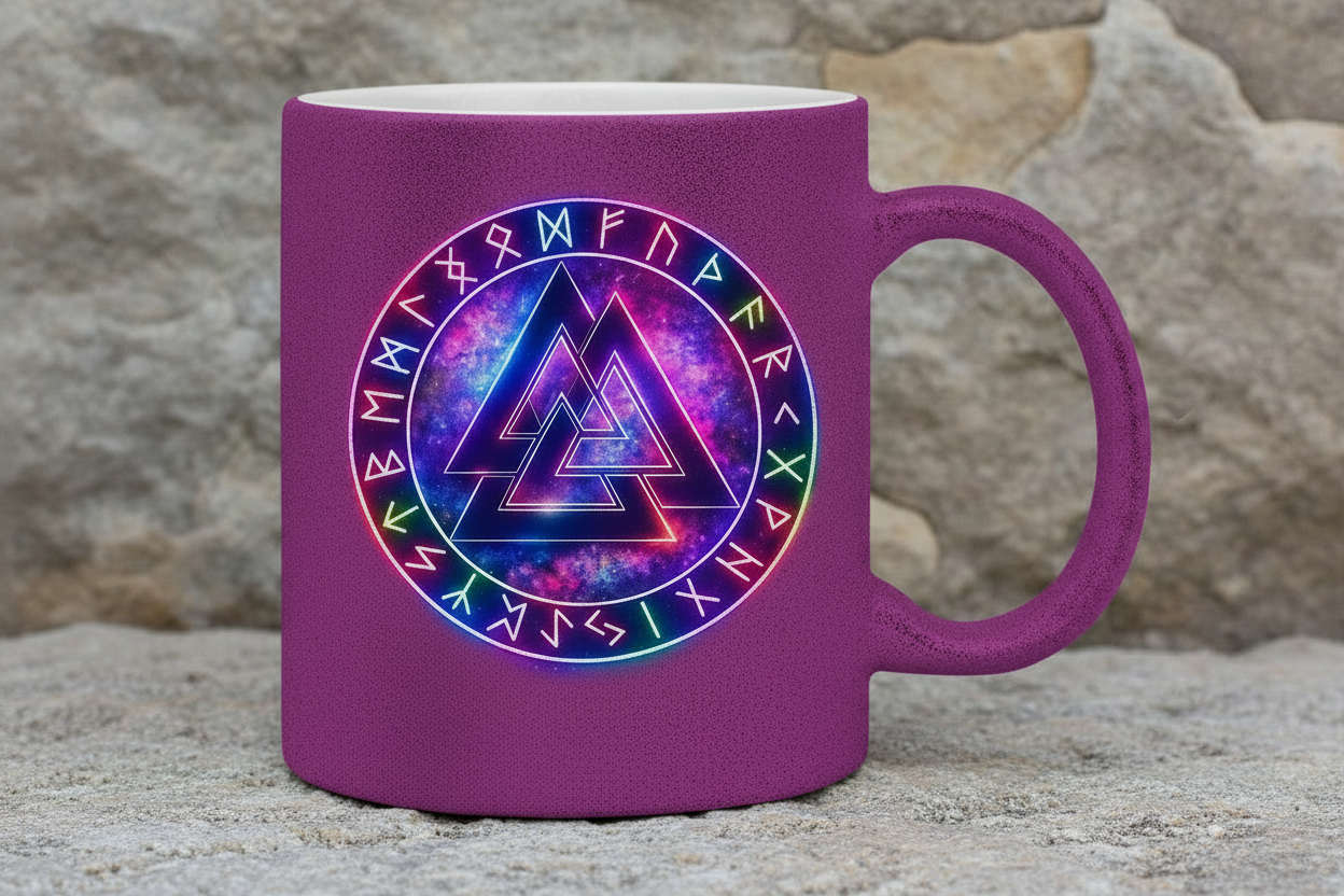 Glitzertasse Leuchtender Valknut mit Runenring bunt