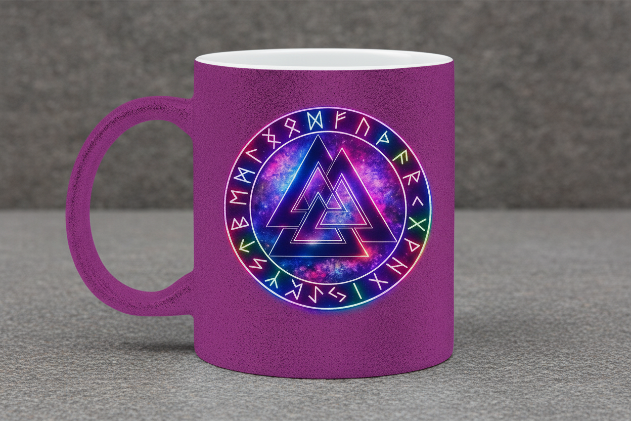 Glitzertasse Leuchtender Valknut mit Runenring bunt