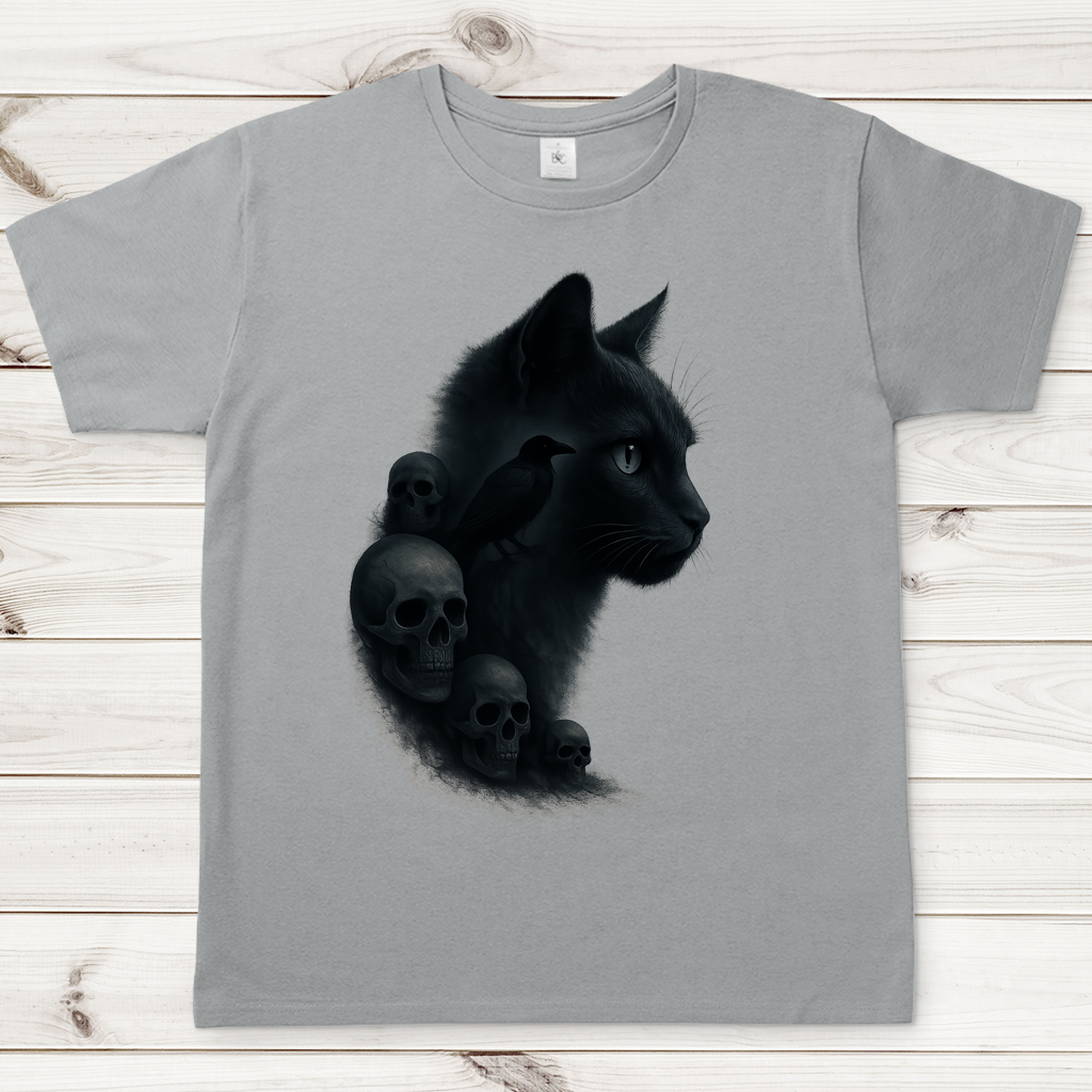 Herren T-Shirt Schwarze Katze mit Raben und Totenschädeln
