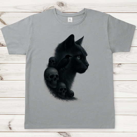 Herren T-Shirt Schwarze Katze mit Raben und Totenschädeln