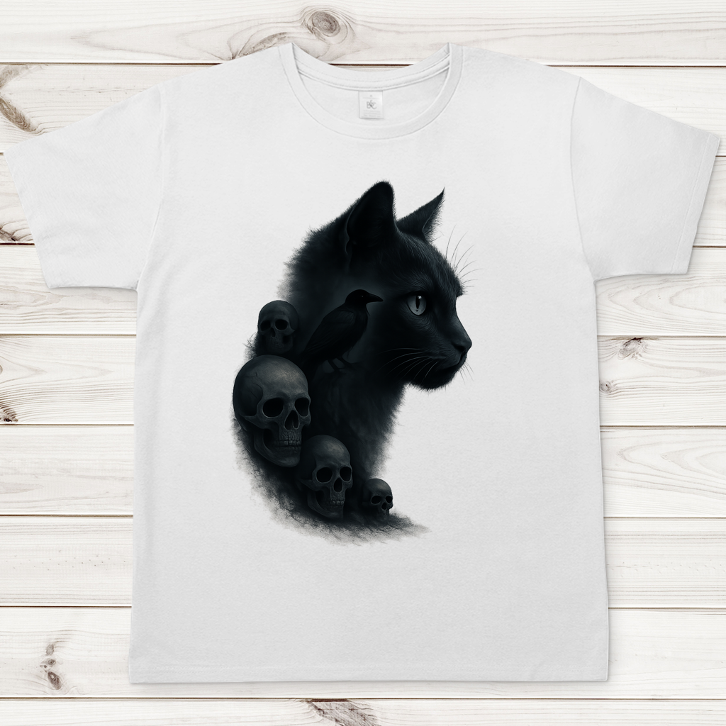 Herren T-Shirt Schwarze Katze mit Raben und Totenschädeln
