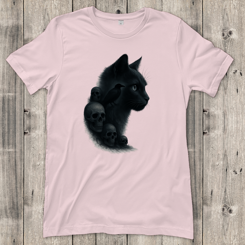 Damen T-Shirt Schwarze Katze mit Raben und Totenschädeln