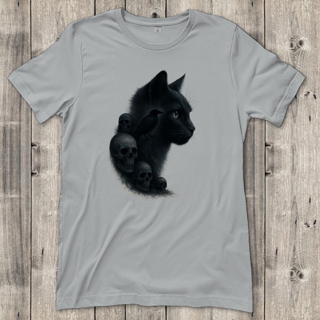 Damen T-Shirt Schwarze Katze mit Raben und Totenschädeln