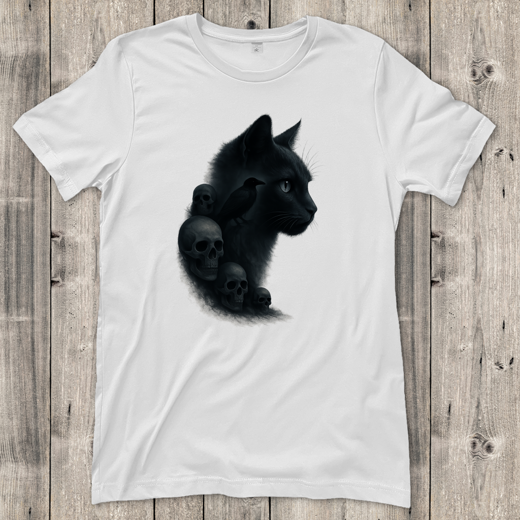 Damen T-Shirt Schwarze Katze mit Raben und Totenschädeln