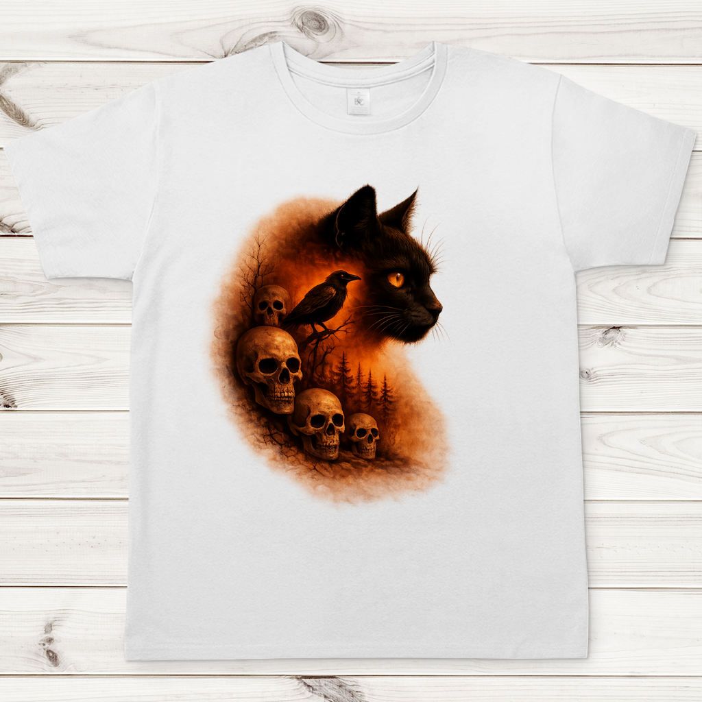Herren T-Shirt Schwarze Katze und Totenschädel orange