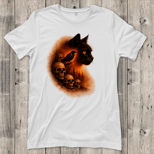 Damen T-Shirt Schwarze Katze und Totenschädel orange