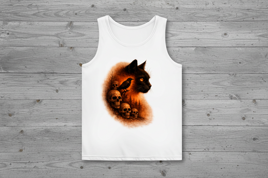 Damen Basic Tank Top Schwarze Katze und Totenschädel orange