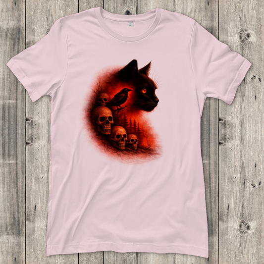 Damen T-Shirt Schwarze Katze im Wald mit Totenköpfen rot