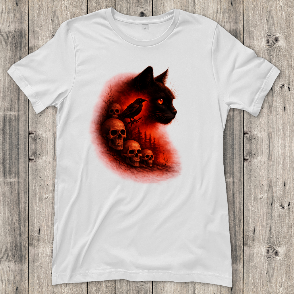 Damen T-Shirt Schwarze Katze im Wald mit Totenköpfen rot
