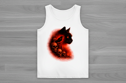 Damen Basic Tank Top Schwarze Katze im Wald mit Totenköpfen rot