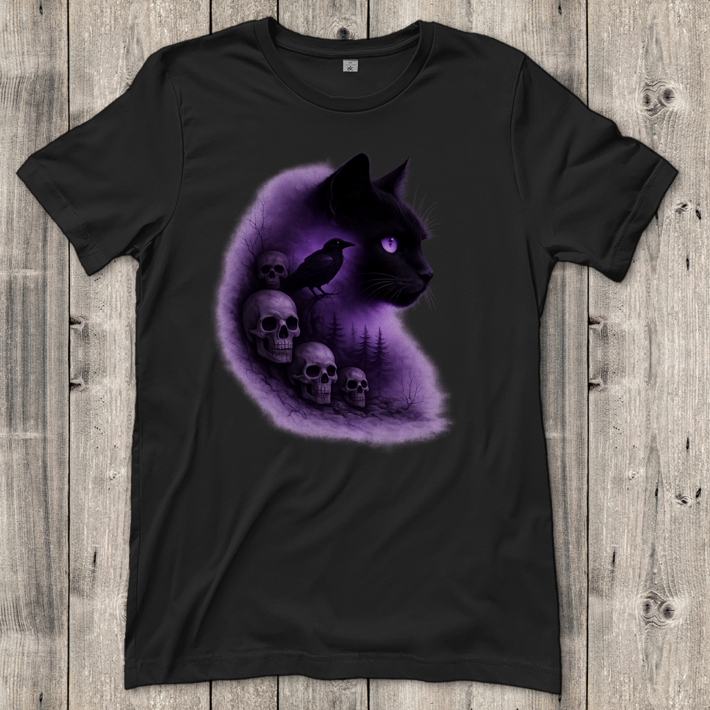 Damen T-Shirt Dunkle Fantasie mit Katze und Krähe lila