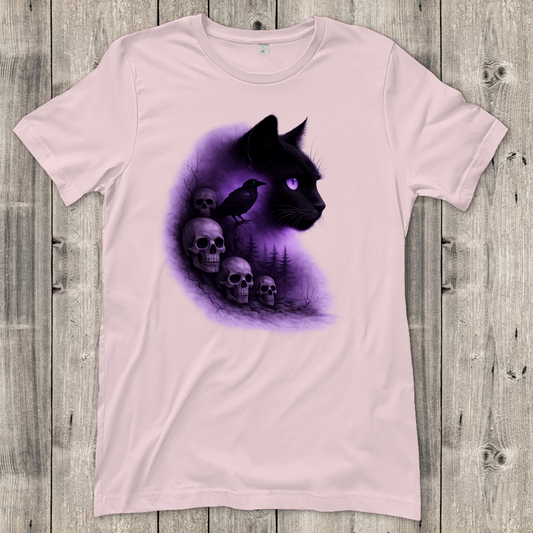 Damen T-Shirt Dunkle Fantasie mit Katze und Krähe lila