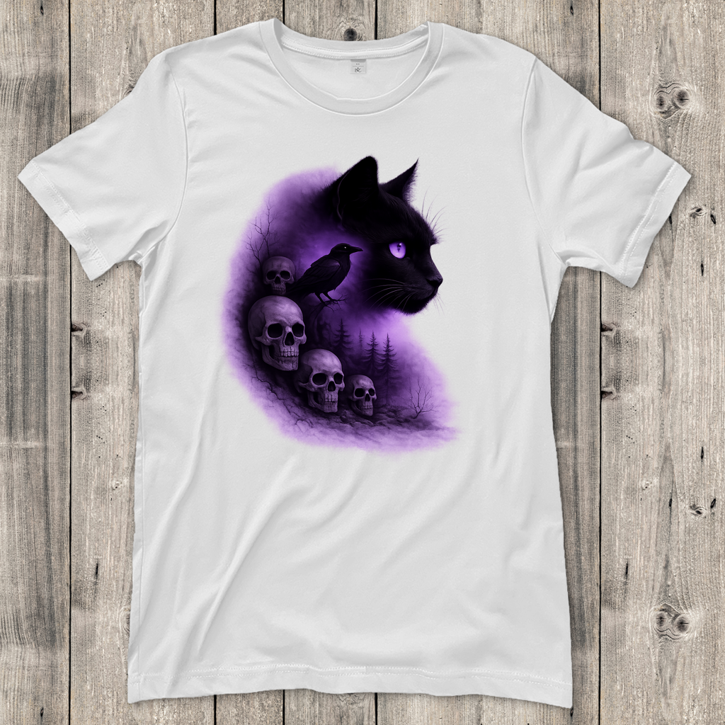 Damen T-Shirt Dunkle Fantasie mit Katze und Krähe lila