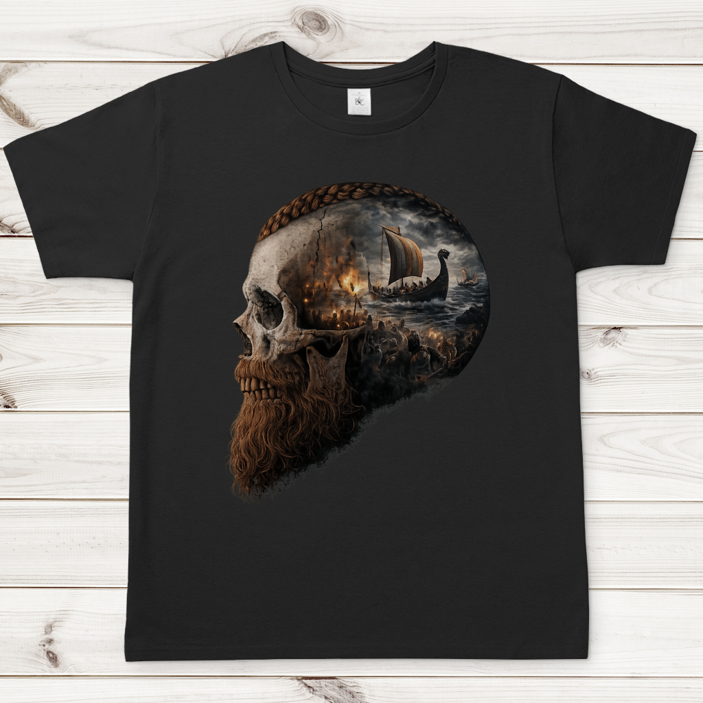 Herren T-Shirt Kopf eines Wikingerkriegers im Sturm